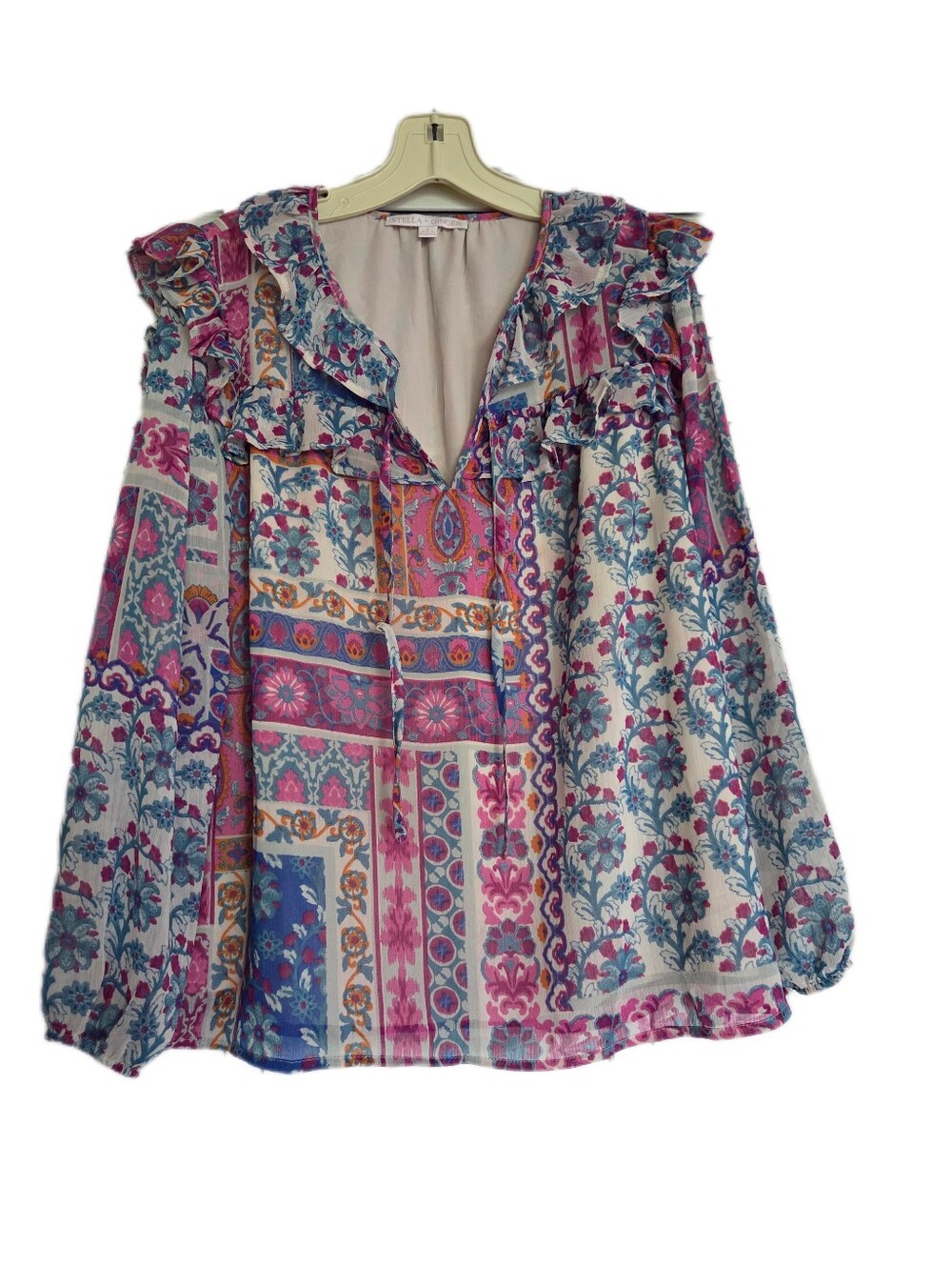 Stella+Ginger Patchwork Pattern Boho Top Peasant Ruffles Tie Neck Size Large